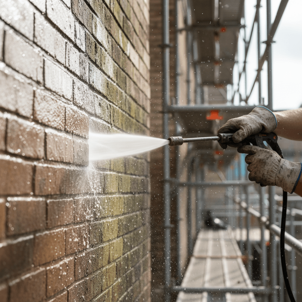 Artisan nettoyant une façade de maison au nettoyeur haute pression