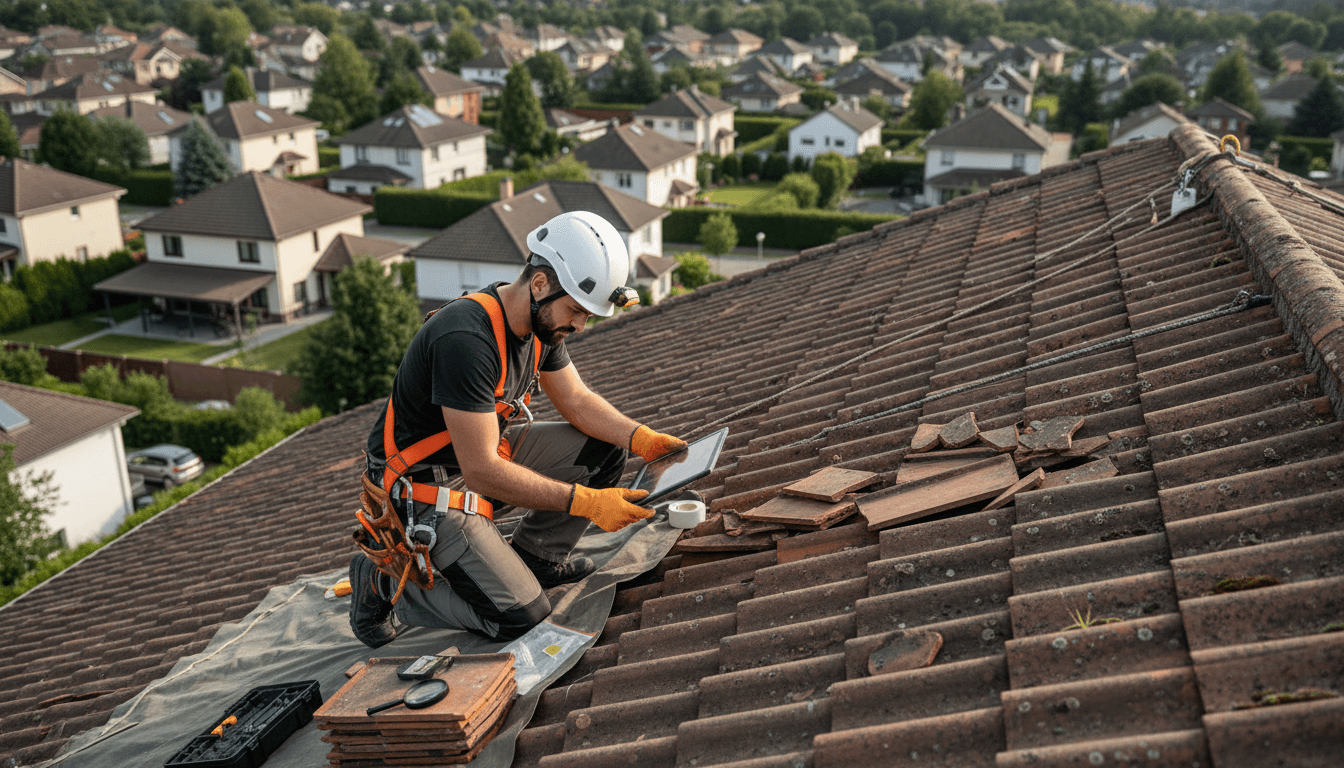 roofer examining roof tiles on residential house exterior