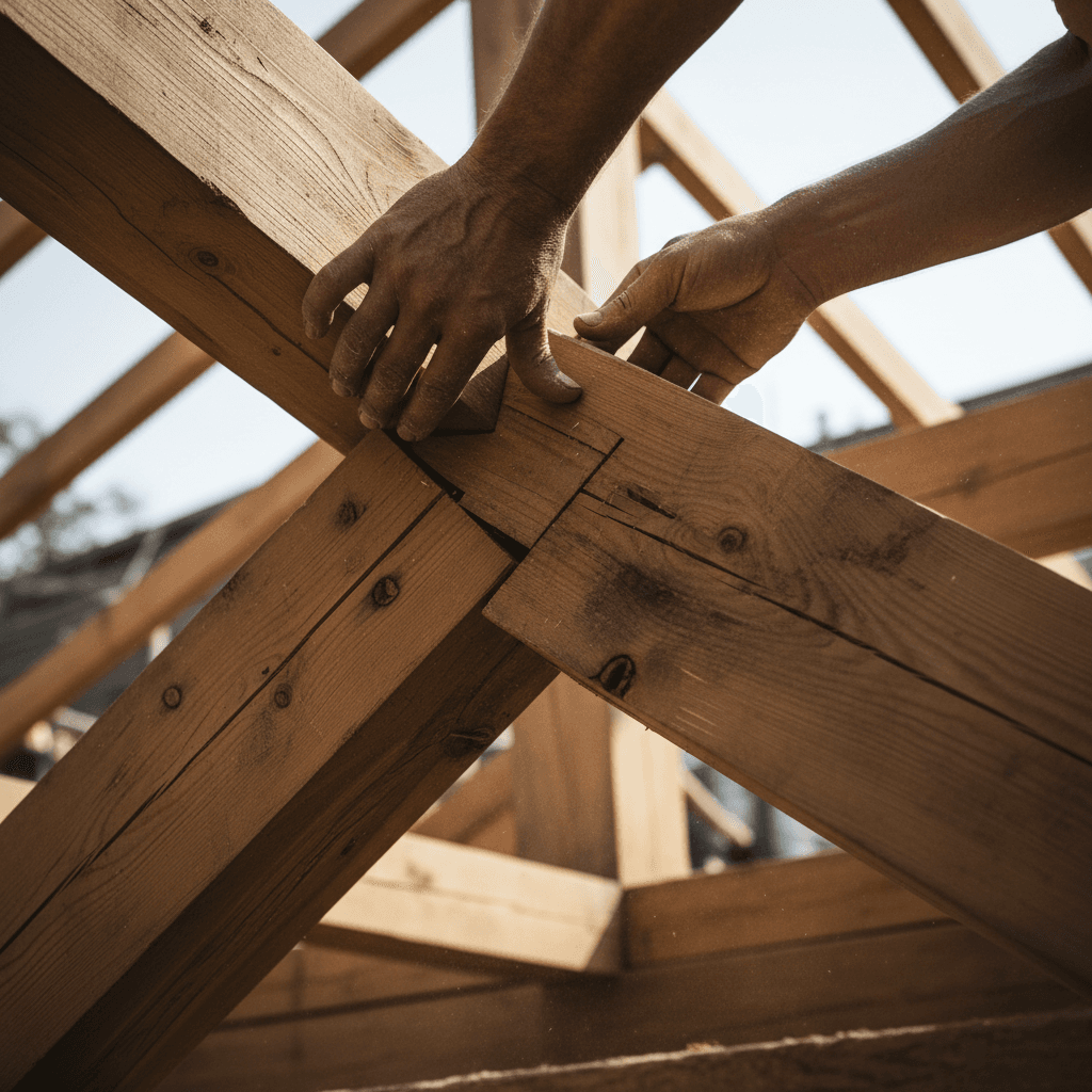 Carpenter working on a wooden roof structure at a construction site