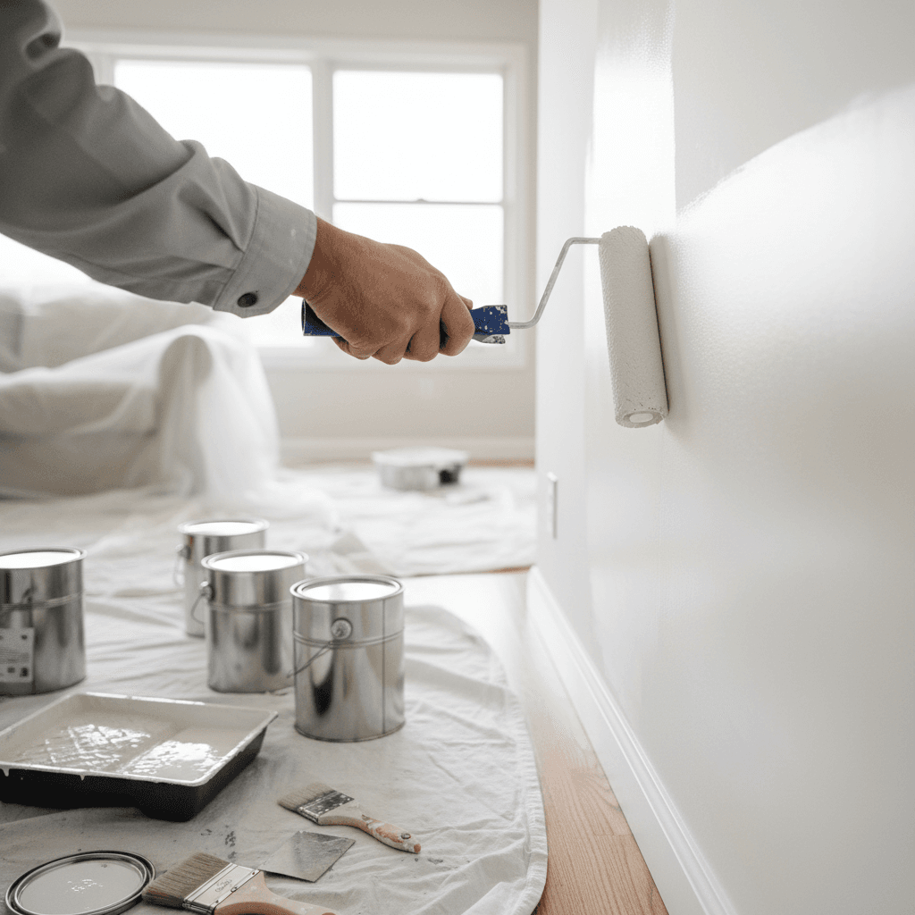Peintre appliquant de la peinture blanche sur un mur extérieur en briques avec un rouleau