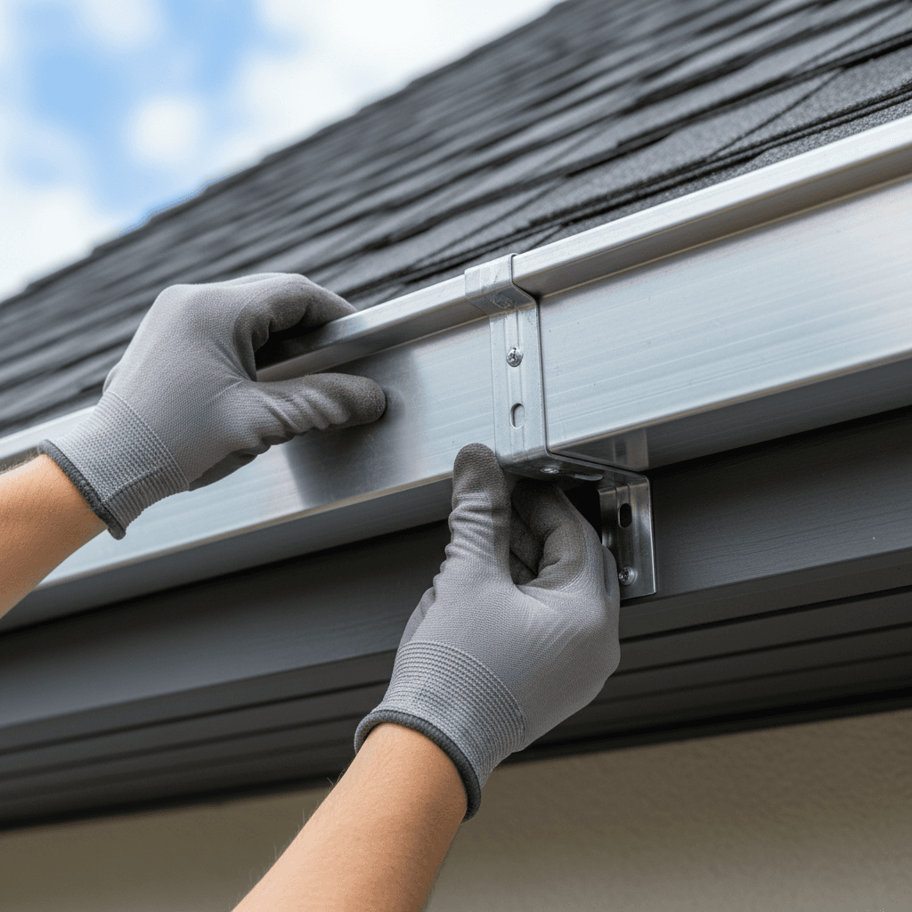 Nouvelles gouttières en aluminium installées sur un toit de maison sous un ciel bleu